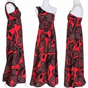 Vintage One Shoulder Maxi Dress Red Brown Floral Cotton Boho Festival Small